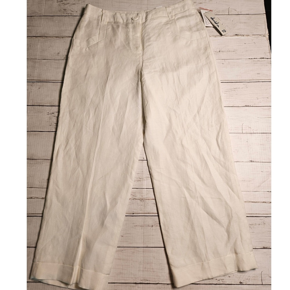 Vintage David N. Women White Linen Blend Cuffed Trousers Pants Size 10 New